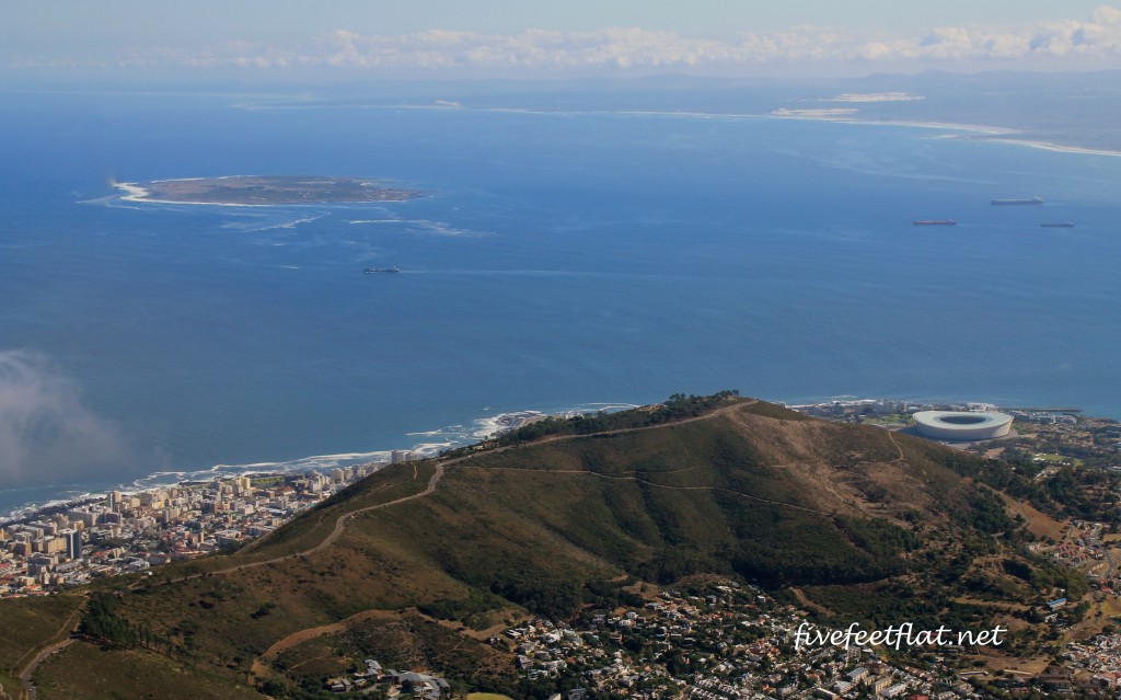 That's Robben Island in the top left and round object is Cape Town Stadium